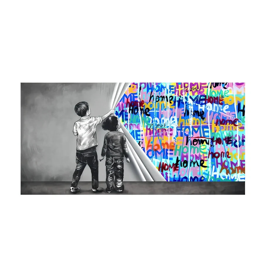 Frameless abstract graffiti canvas art for children's rooms in multiple sizes and colour variations