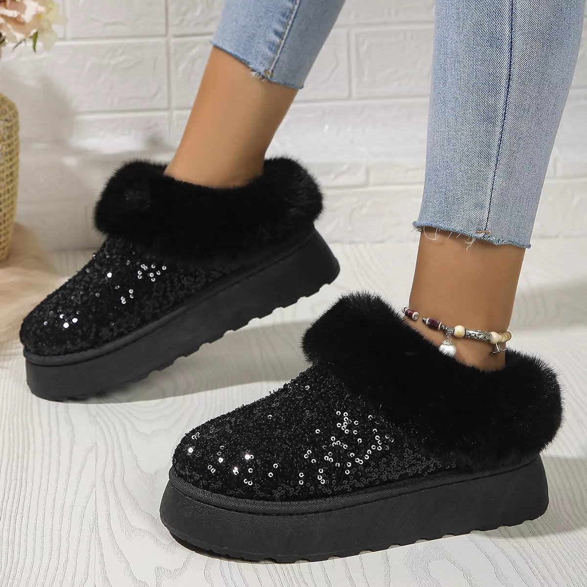 Sequined plush slippers with thick soles for winter warmth in blue, gold, black, and pink