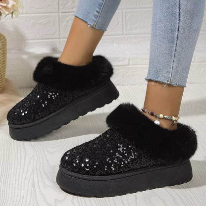 Sequined plush slippers with thick soles for winter warmth in blue, gold, black, and pink