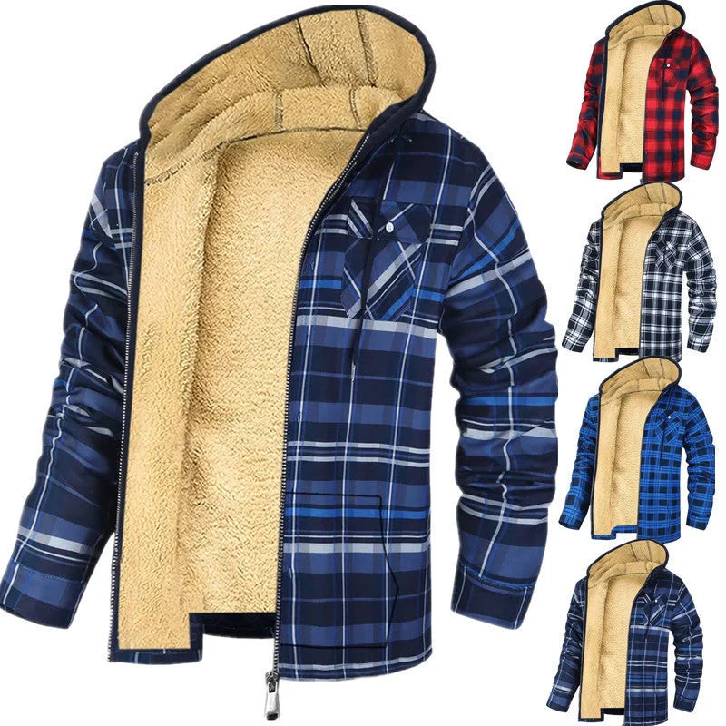 Men's plaid print hooded zip-up jacket with thickened cotton padding for winter warmth