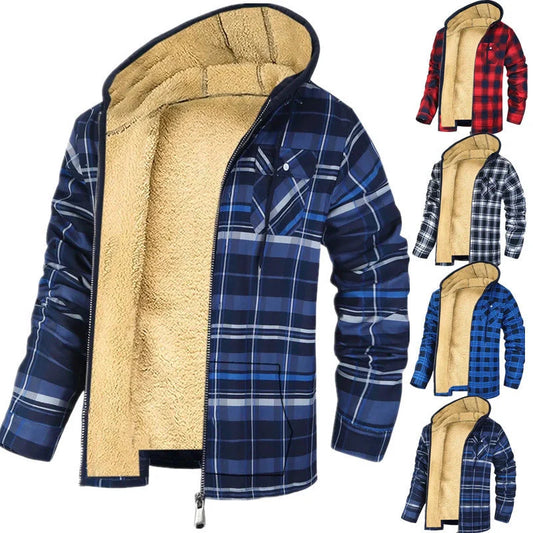 Men's plaid print hooded zip-up jacket with thickened cotton padding for winter warmth