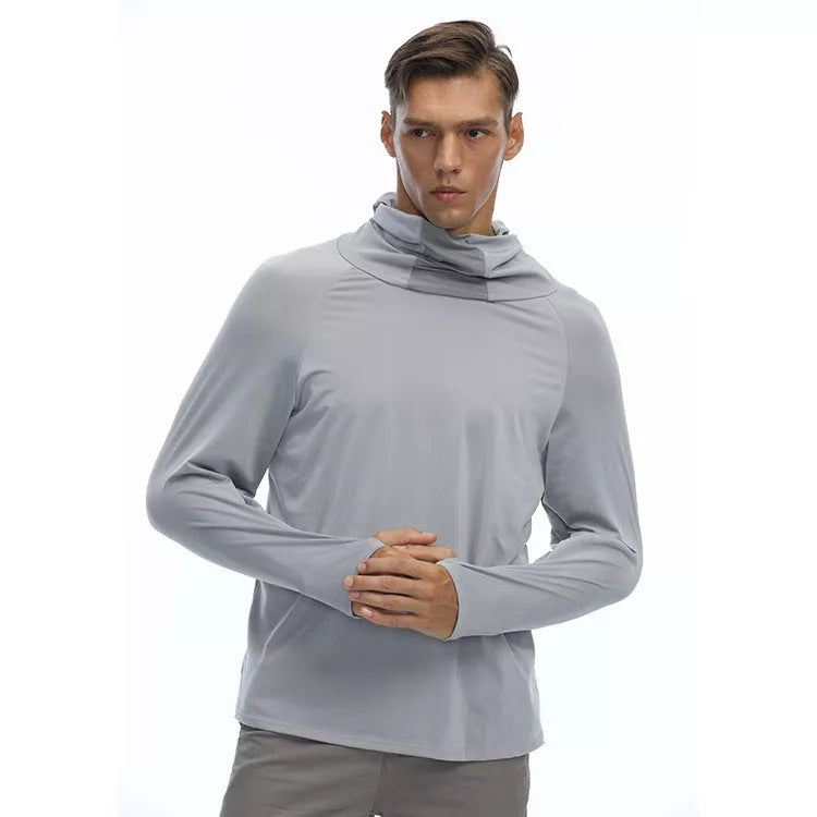 Men's summer sun protection shirt in gray, light blue, or black, featuring breathable and quick-dry fabric