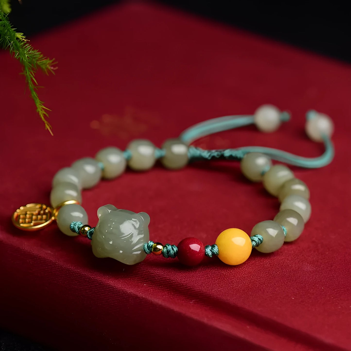Natural Hetian jade cinnabar beeswax bracelet with animal zodiac modelling and 5x7mm beads