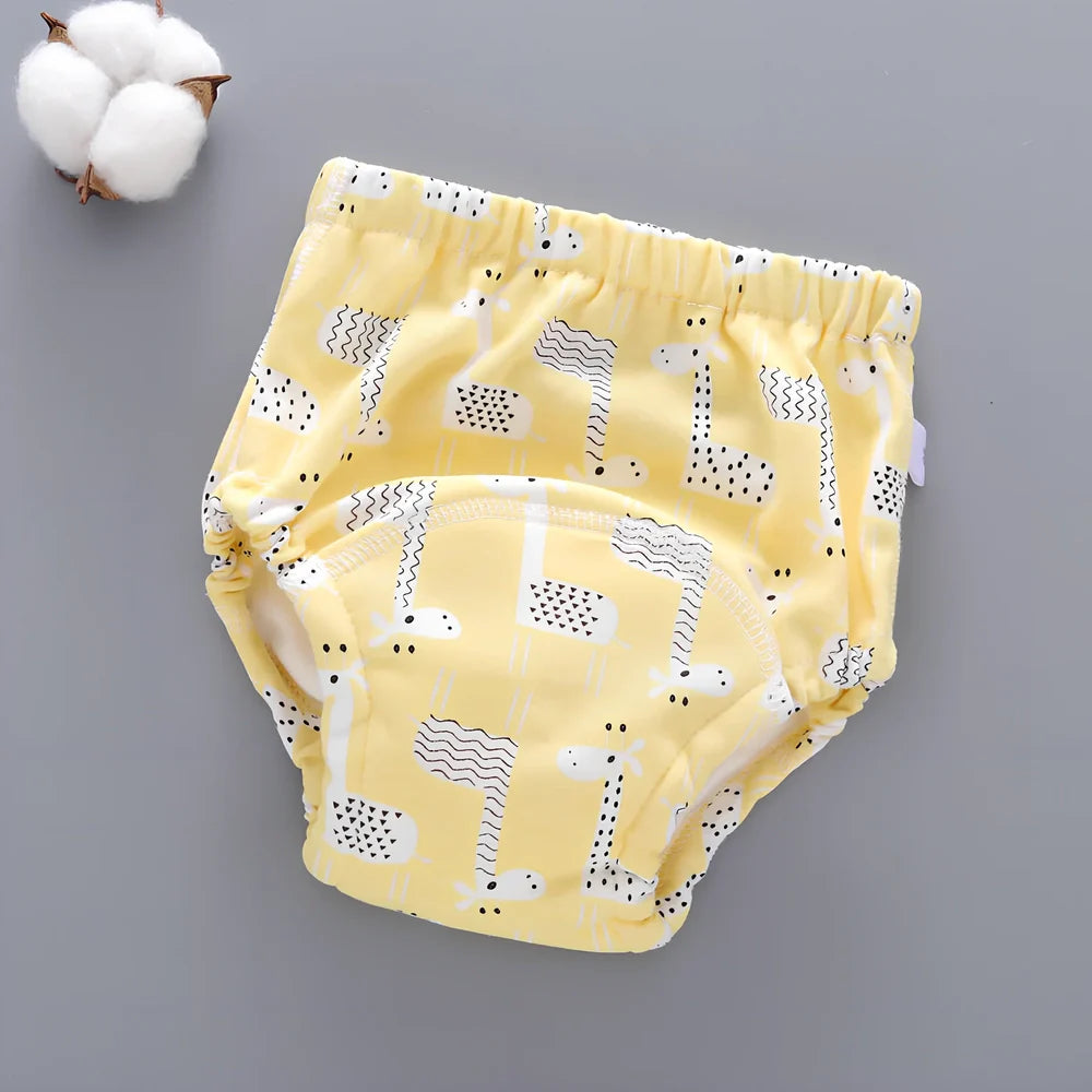 Washable baby training pants with 6-layer gauze construction in assorted patterns including animals and geometric designs