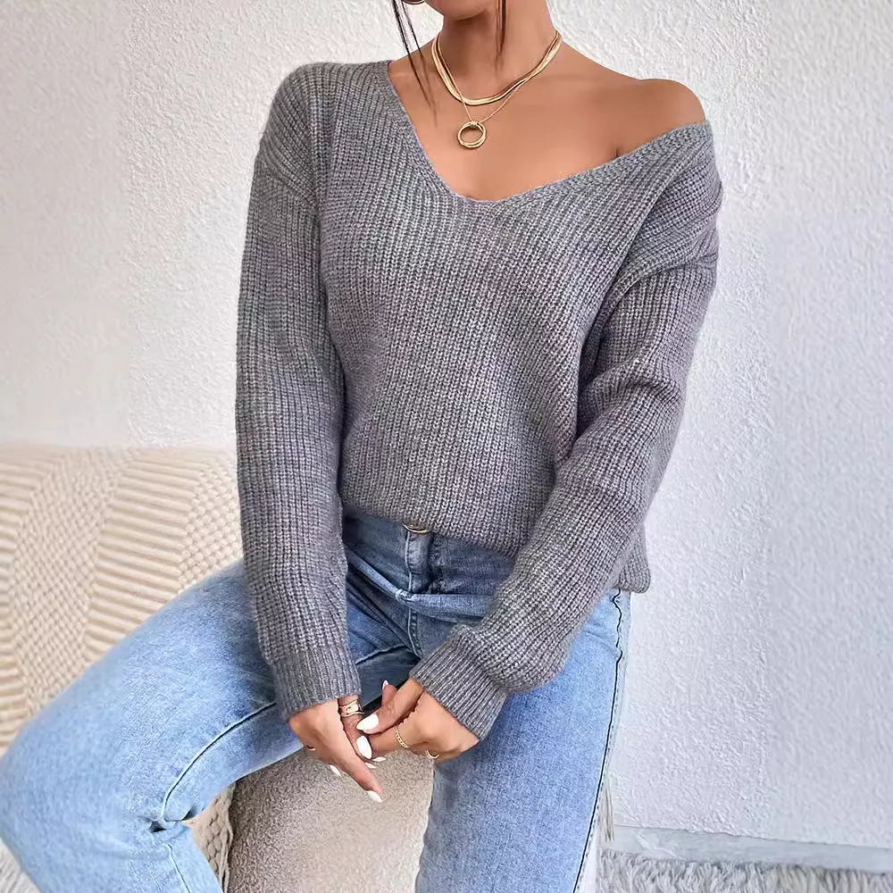 Y2K V-neck backless acrylic sweater for women in gray, black, and blue