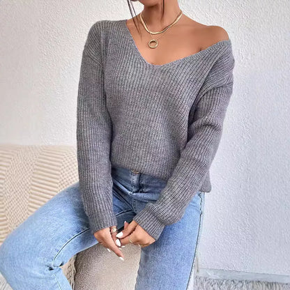 Y2K V-neck backless acrylic sweater for women in gray, black, and blue