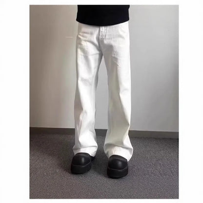 Men's straight-leg white jeans with mid-waist design and non-ironing cotton denim fabric