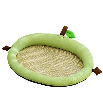 Green fruit-shaped backrest pet cooling mat for a dog, showing nest design and size scale.