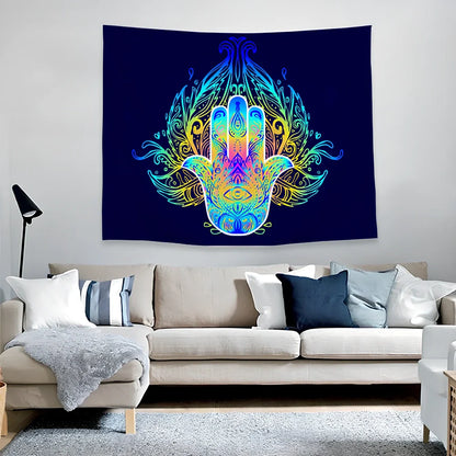 Psychedelic print polyester tapestry in 150x200cm size hanging on wall, vibrant colours on lightweight fabric