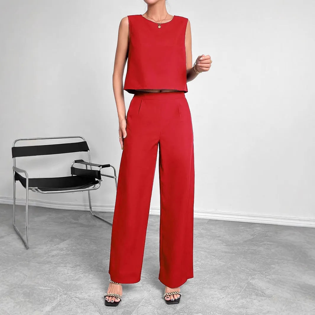 Red or navy blue sleeveless top and wide leg trousers two-piece set in 100% polyester fabric