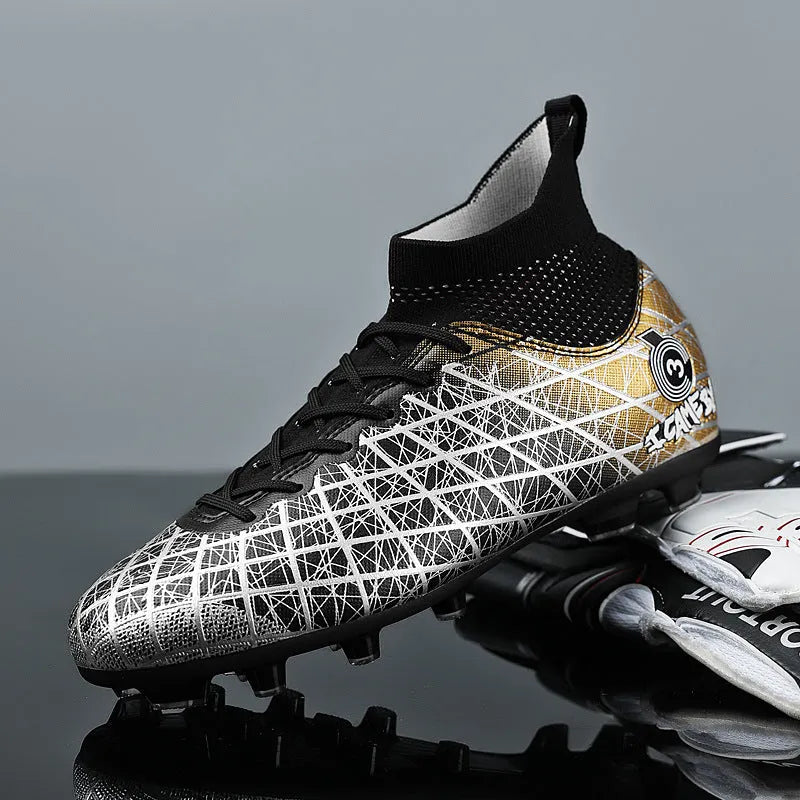 Pair of football boots with rubber studded sole, tall crown upper and front laces, for natural lawn and artificial grass