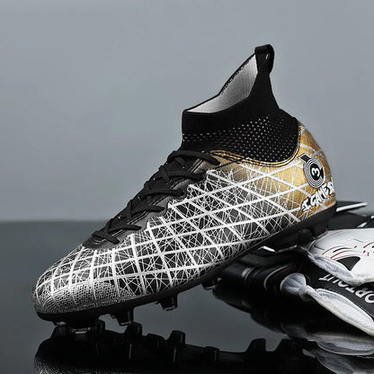 Pair of football boots with rubber studded sole, tall crown upper and front laces, for natural lawn and artificial grass