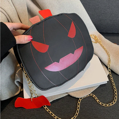 Halloween Cartoon Pumpkin Shoulder Bag in various colors with adjustable chain strap