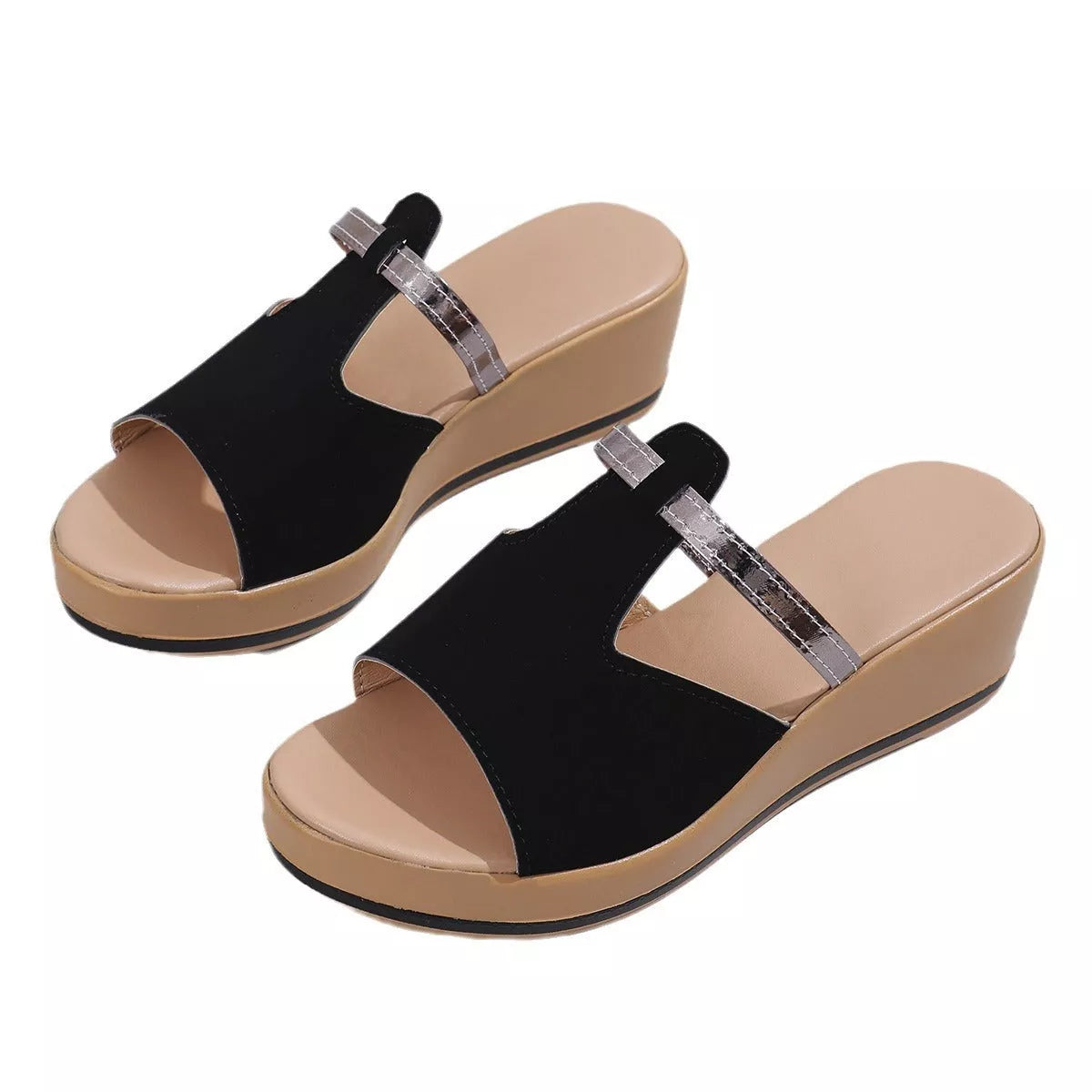 Women's summer peep-toe wedges sandals with thick sole in white, black, and champagne