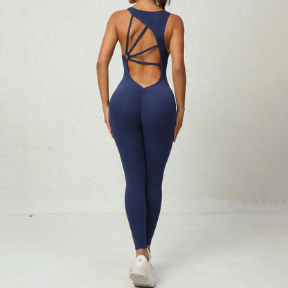 Stylish yoga jumpsuit with unique V-shaped back design, sleeveless, and stretch fabric for versatile fitness routines