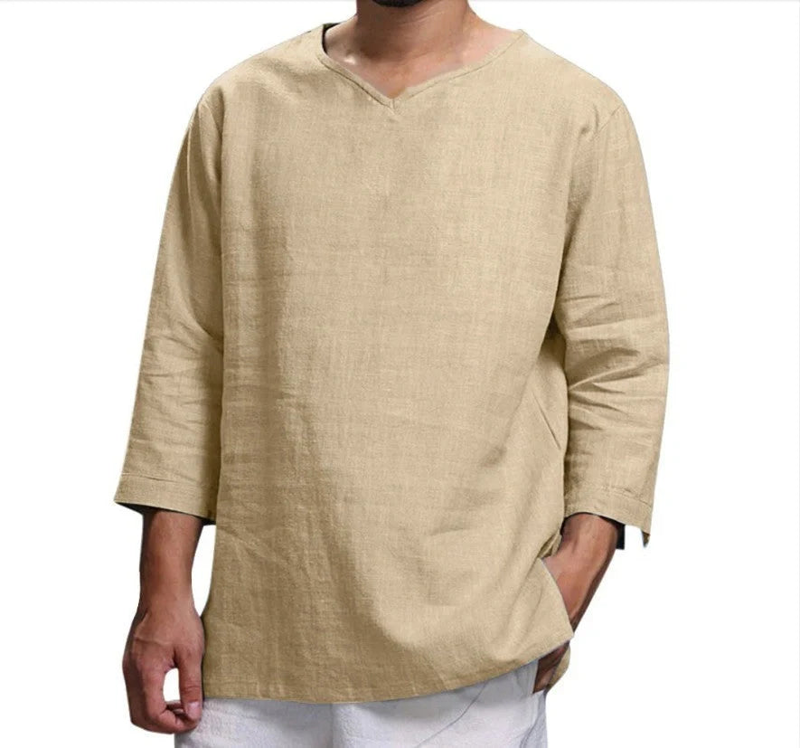Men's loose V-neck cotton linen long sleeve shirt in various colors