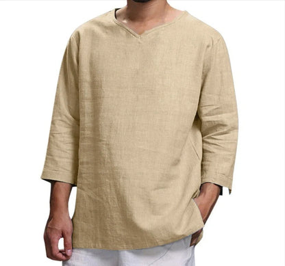 Men's loose V-neck cotton linen long sleeve shirt in various colors