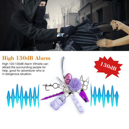 Self-defense keychain set for women with 11 safety tools including alarm and window breaker