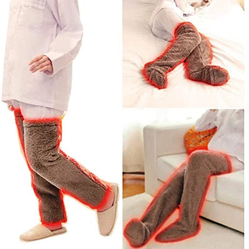 Cozy over-the-knee fuzzy socks in various colors, including brown, blue, dark gray, pink, silver, and more. Comfortable cotton design for warm, snug legs.
