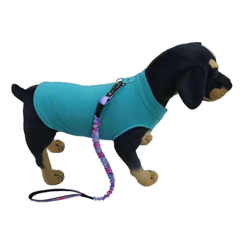 Polar fleece dog waistcoat in solid colour on small dog showing side-open design