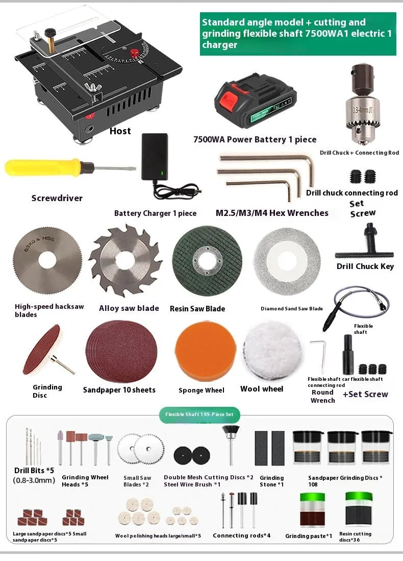Lithium-ion battery-powered handheld desktop saw with metal body on a workbench.