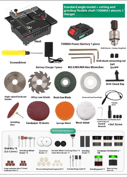 Lithium-ion battery-powered handheld desktop saw with metal body on a workbench.