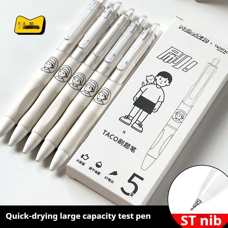 Five Taco series 0.5mm black ballpoint pens with quick-drying ink, plastic shells, suitable for exams and documents