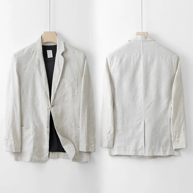 Men's loose fit linen suit jacket in solid colours showing long sleeves and casual styling