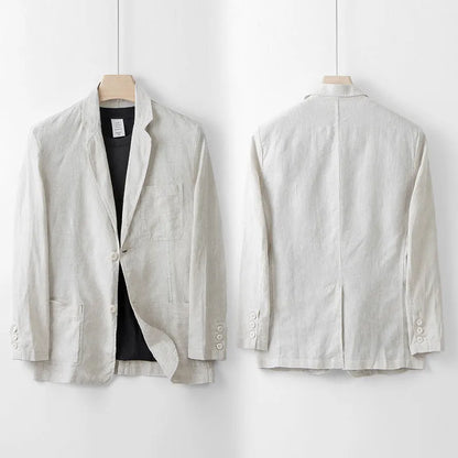 Men's loose fit linen suit jacket in solid colours showing long sleeves and casual styling