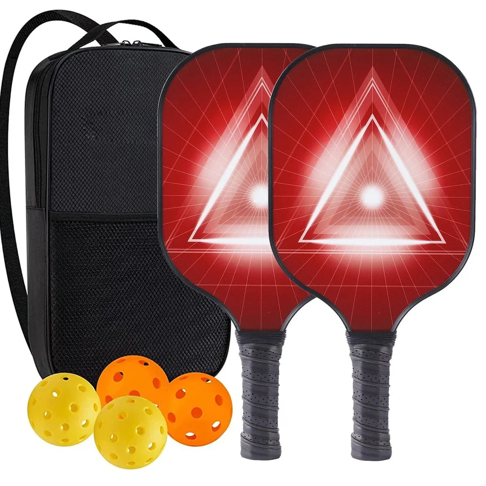 Peak Racket fibreglass squash set showing two rackets and four balls for complete playing equipment