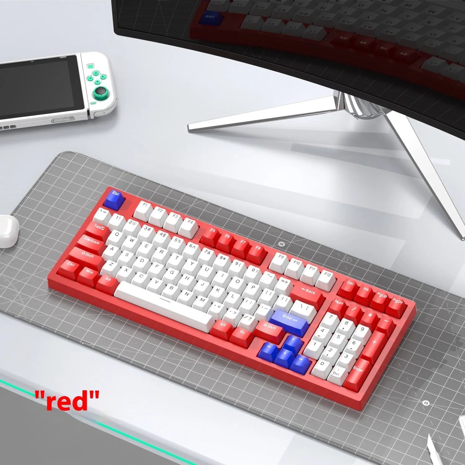 K98 mechanical keyboard and matching wireless mouse in a selected colour from the range on a desk.
