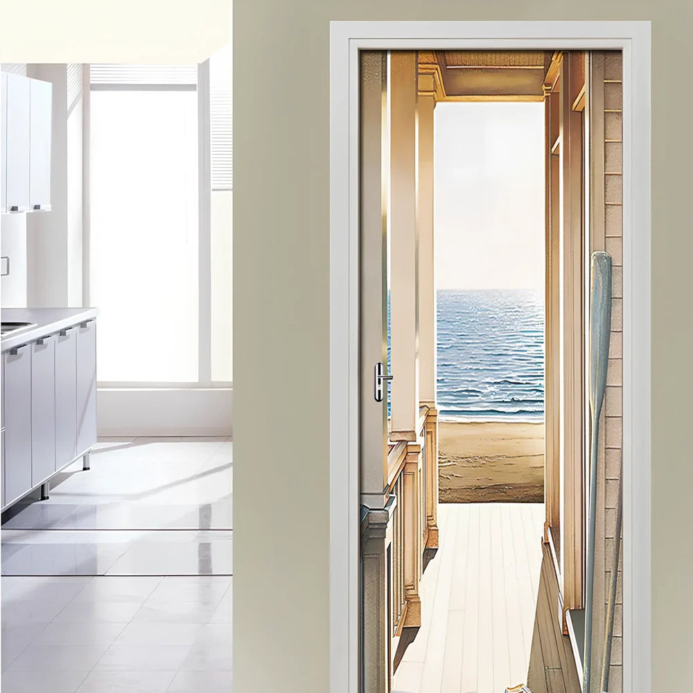 77x200cm 3D landscape PVC self-adhesive door sticker mural on white door, waterproof wall decal for home decor