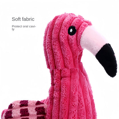 Four pink animal-shaped corduroy dog toys with squeakers arranged together