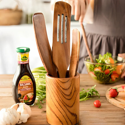 Five teak wood spatulas in sizes from 23cm to 34cm including kitchen shovel and cooking spatulas