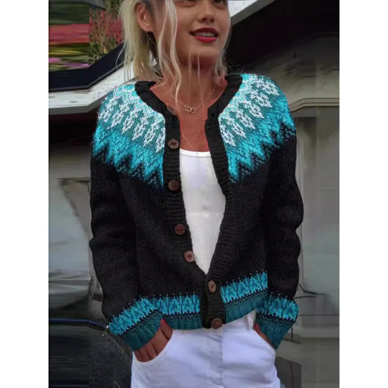 Yellow women's cardigan coat with a raised 3D digital print pattern, shown on a hanger.
