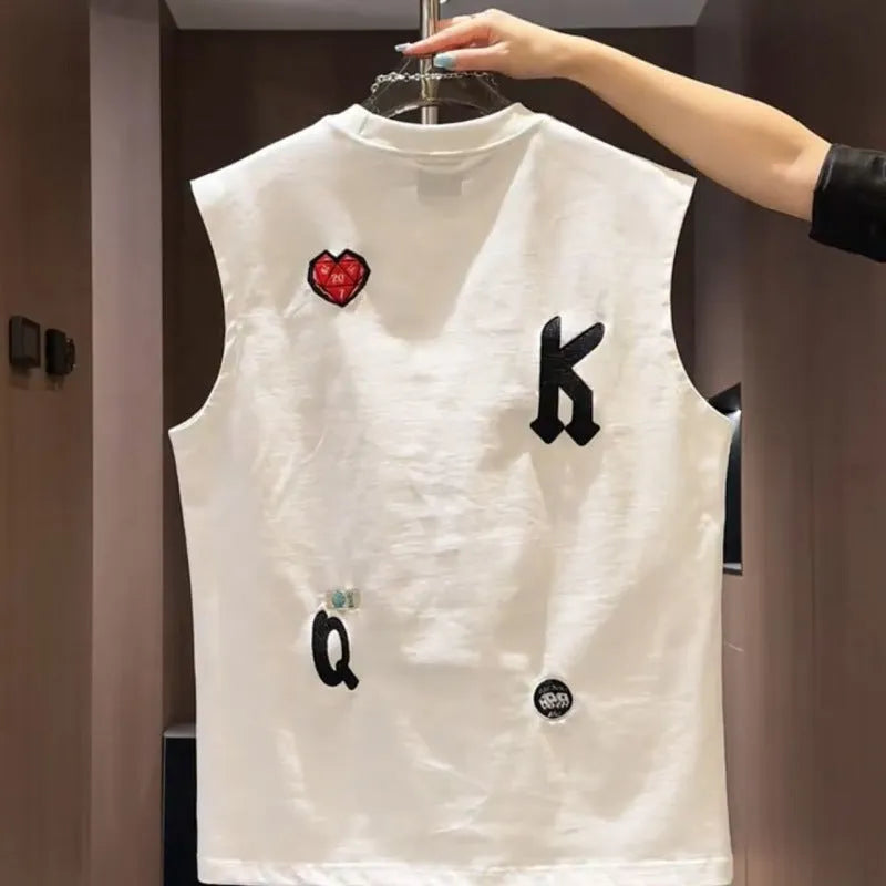 Men's sleeveless vest t-shirt with cartoon print design in loose-fit cotton fabric for casual wear, available in sizes M to 4XL with recommended weight ranges in white and black colour options