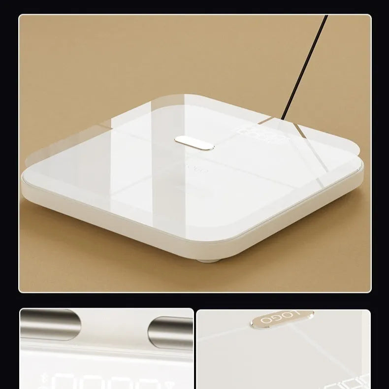White professional body fat scale with 8 electrodes, LED display, and USB charging port on tempered glass surface