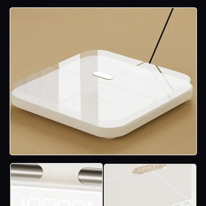 White professional body fat scale with 8 electrodes, LED display, and USB charging port on tempered glass surface