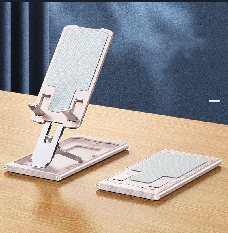 Aluminum alloy foldable mobile phone stand in grey, rose gold, silver, and blue