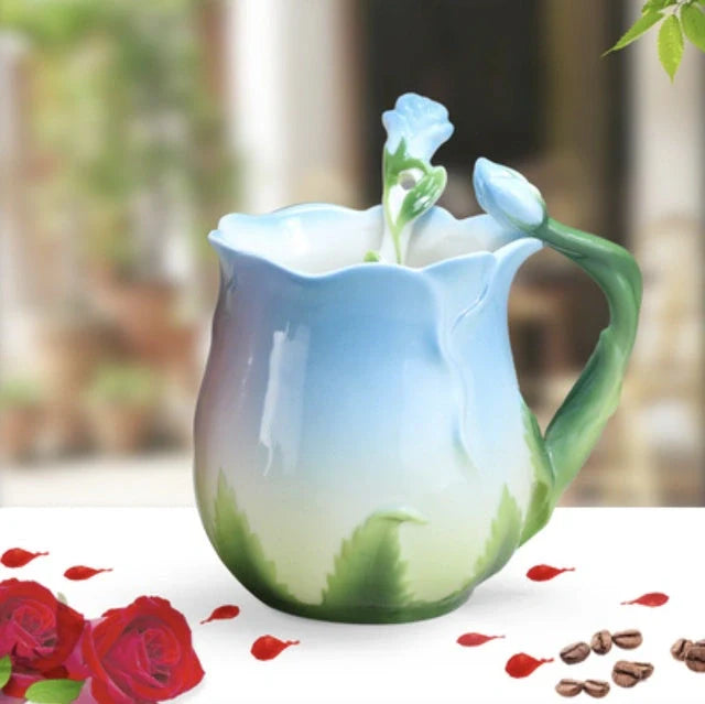 Hand-painted rose ceramic coffee mug with spoon, 320ml capacity, enamel porcelain material
