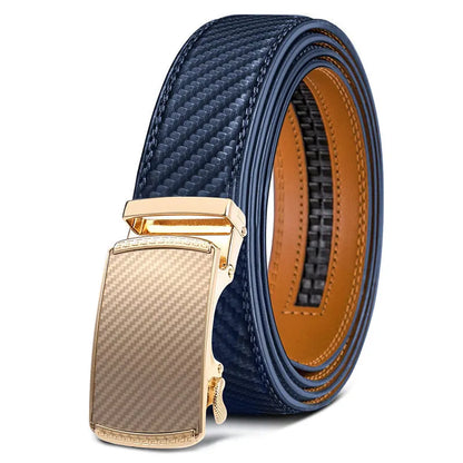 Men's brown PU leather belt with an automatic alloy buckle on a textured background.