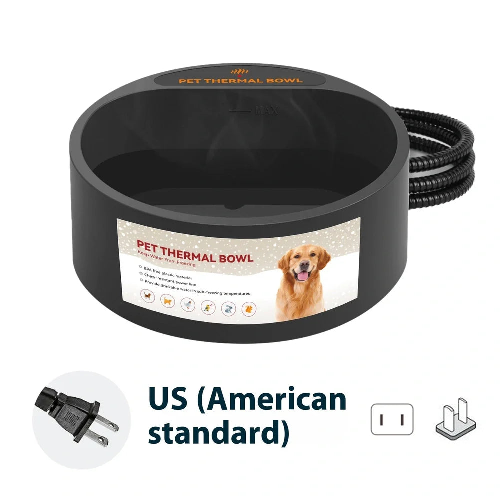 Black pet heating bowl with 35W temperature maintenance and 2.2L capacity