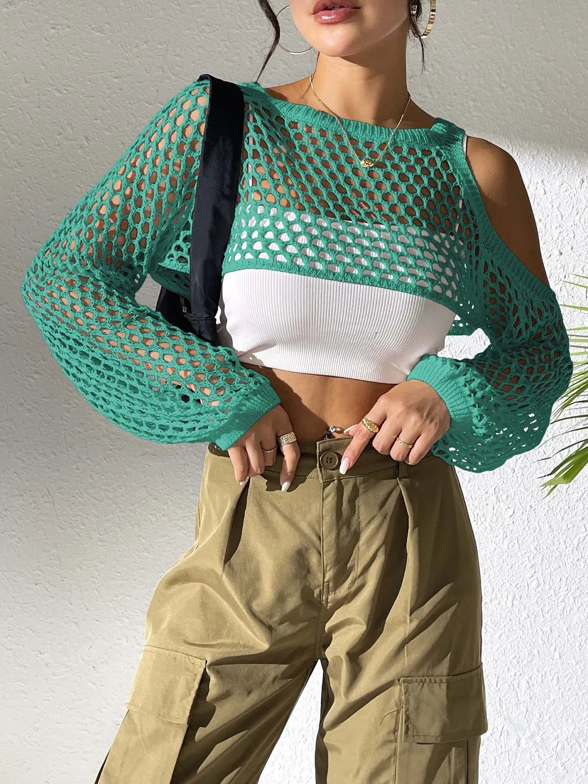 Hollowed navel mesh shirt in polypropylene fibre fabric, shown in a choice of six colours.