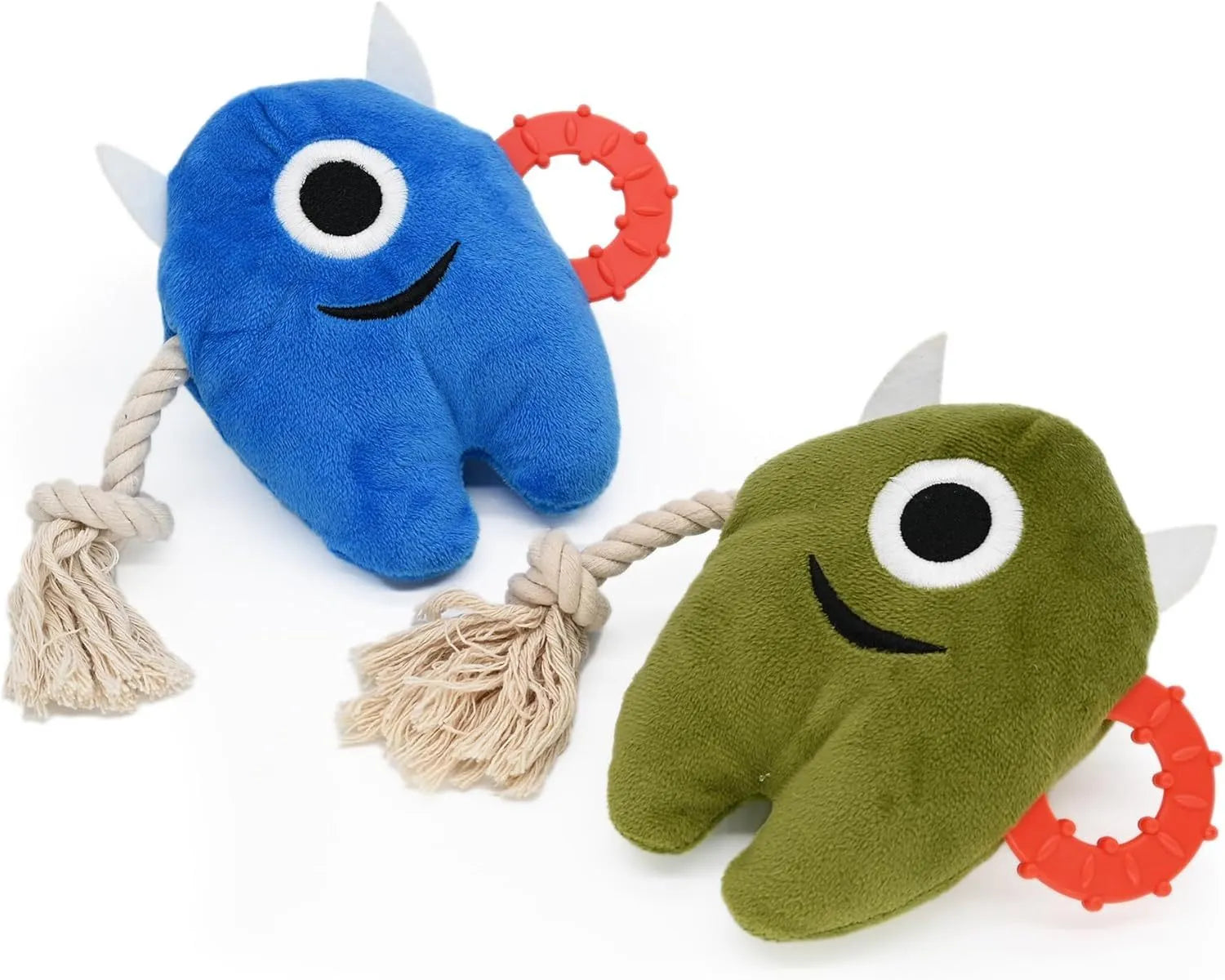 Blue and green plush dog toy with integrated cotton rope and squeaker for interactive play