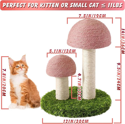 Pink mushroom-shaped cat scratching post with natural sisal texture for small cats.