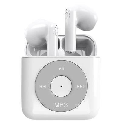 White wireless Bluetooth earphones with semi in-ear design and charging case featuring 32g memory