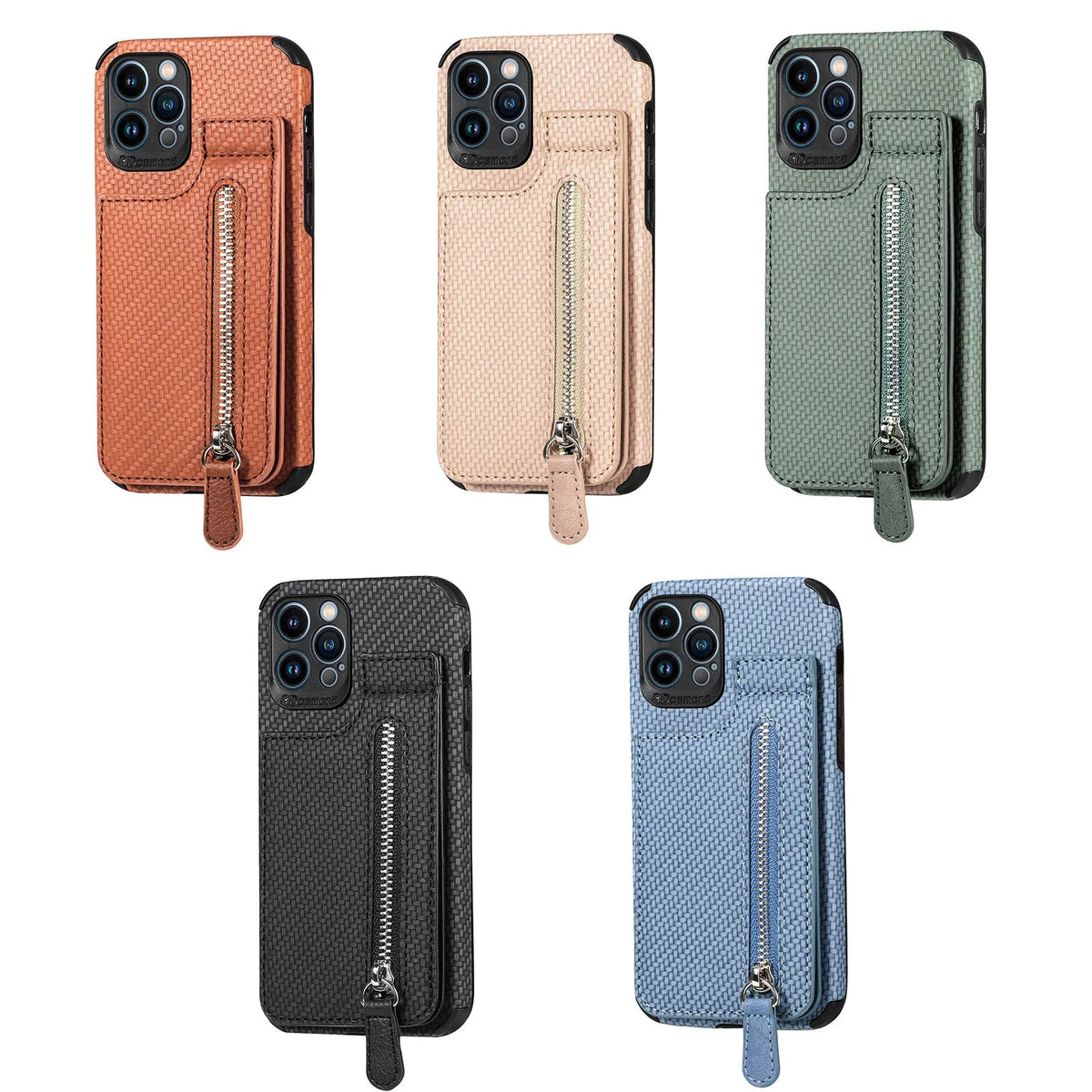 Card holder phone case with wallet bracket and zipper protective sleeve in TPU leather for iPhone models, back cover view