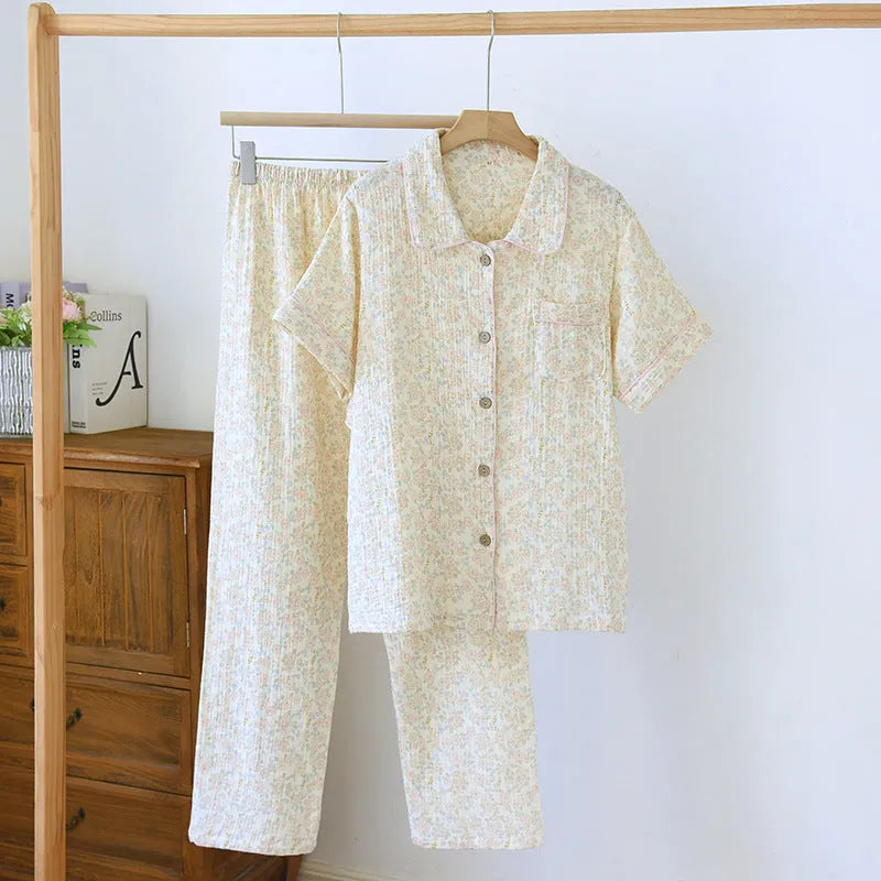Women's washed cotton double-layer gauze short-sleeved trousers set in flower sea or yellow plaid pattern.