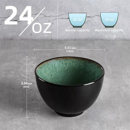 Set of 4 peacock green ceramic bowls, each 24oz, for versatile dining use