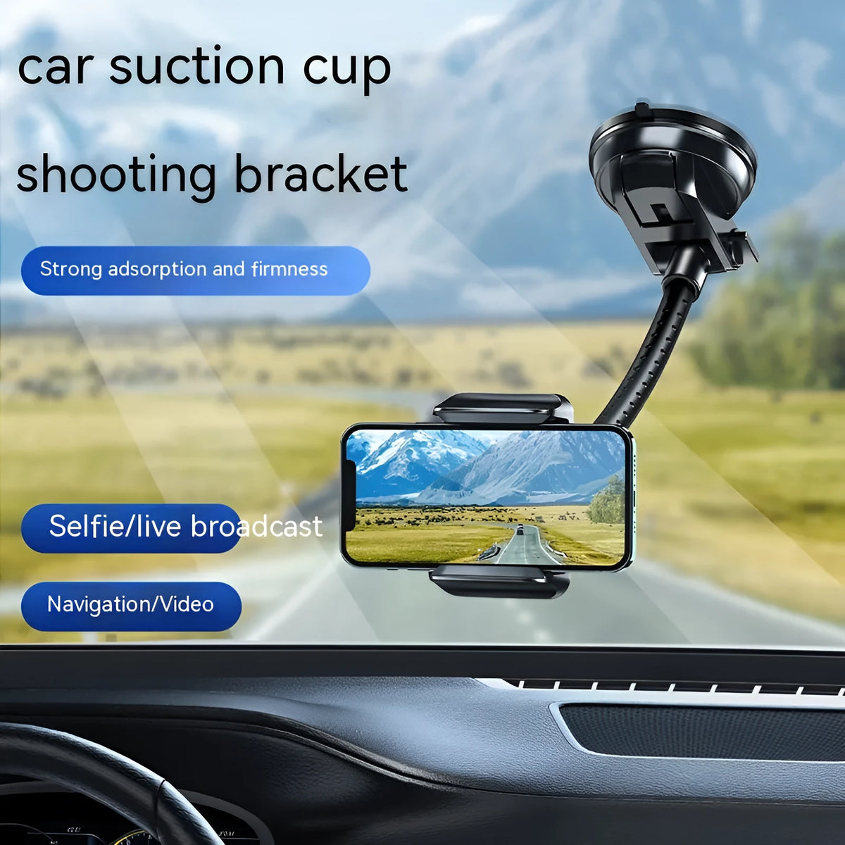 Black universal rotating car phone bracket with metal bending-resistant holder and multi-angle adjustment for vehicle use